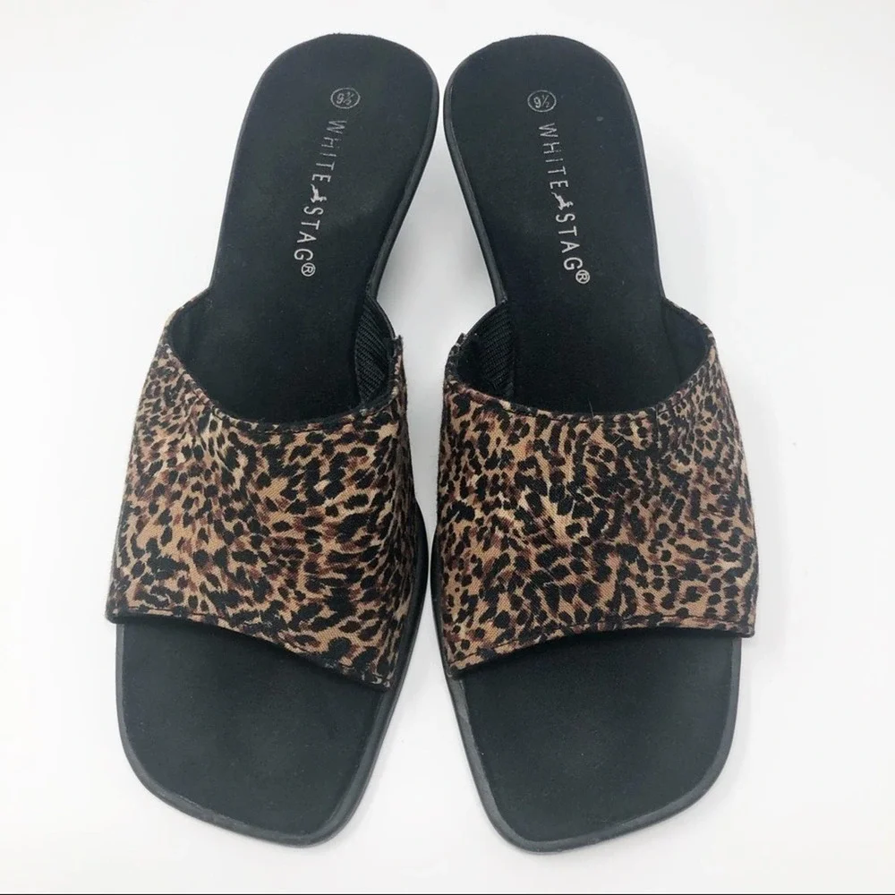 White Stag Animal Print Square Toe Wedge Heeled Slides Size 9.5
